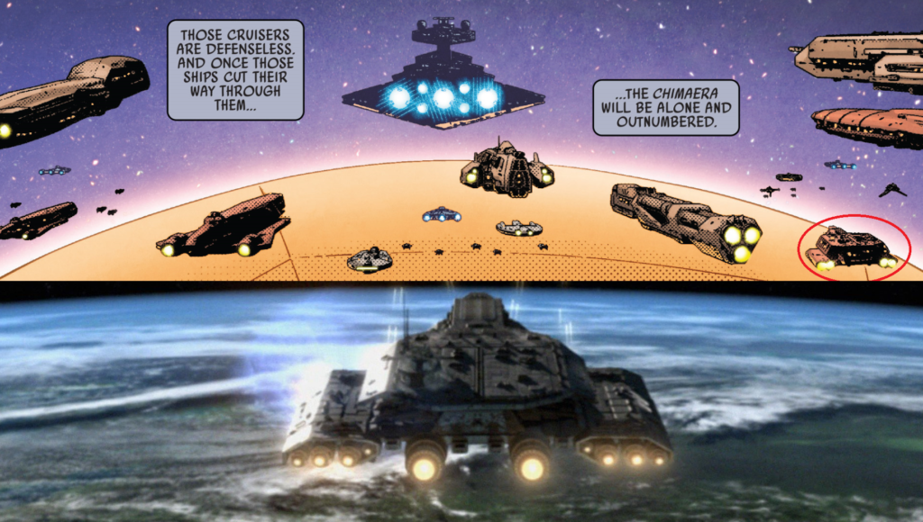 A comic-book panel appearing to show Daedalus and a comparitive still from Startgate Atlantis.