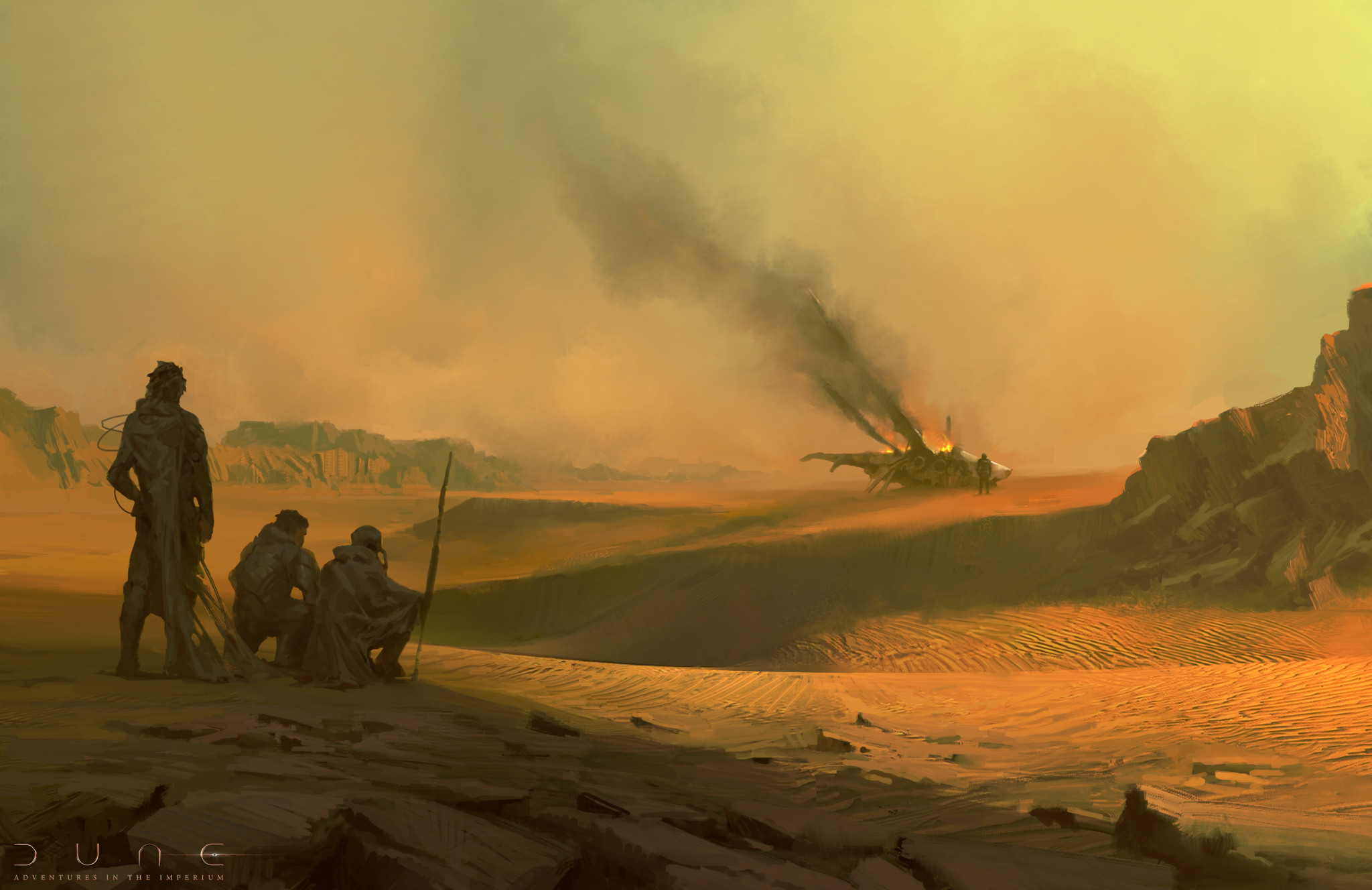 Three Fremen on the left of the scene look out across the desert towards a burning Ornithopter.