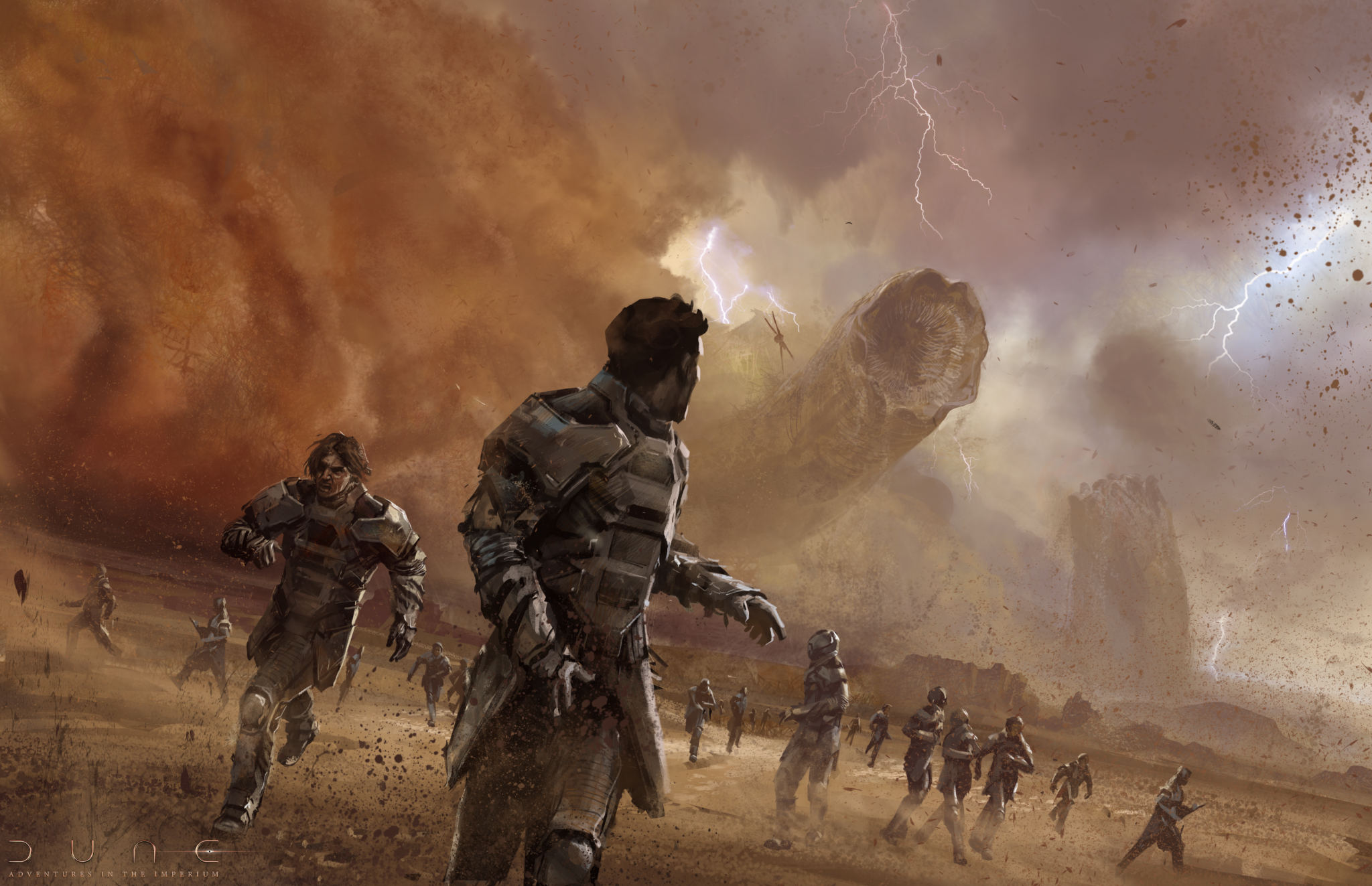 An illustration of Sardaukar in off-white armour running as two sandworms are visible on the horizon behind them.