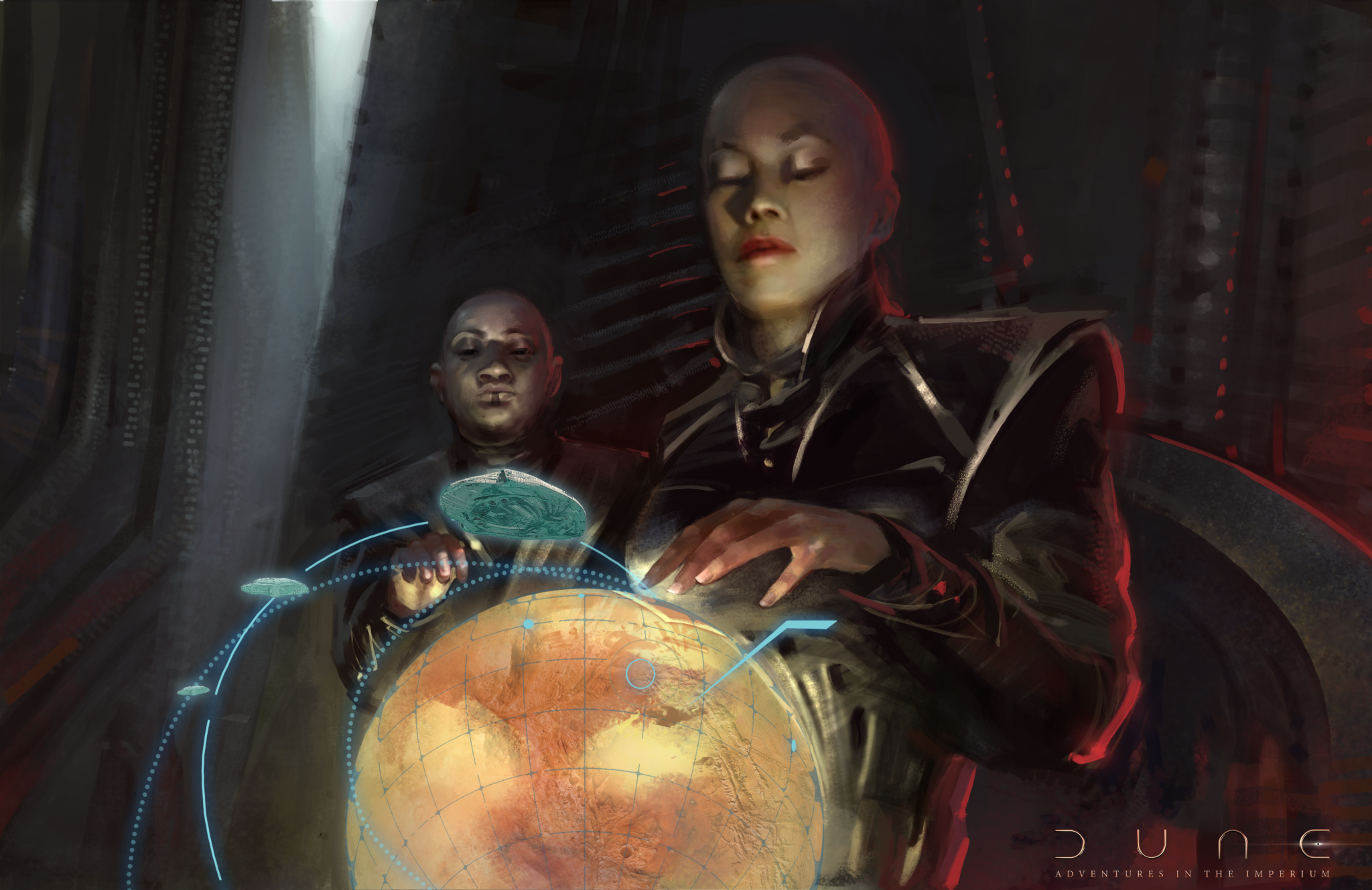 Two bald figures stand over a glowing holographic display of ships orbiting a desert planet.