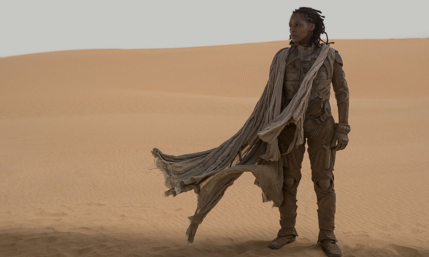 Liet Kynes stands in the desert wearing a stilsuit and flowing robes.