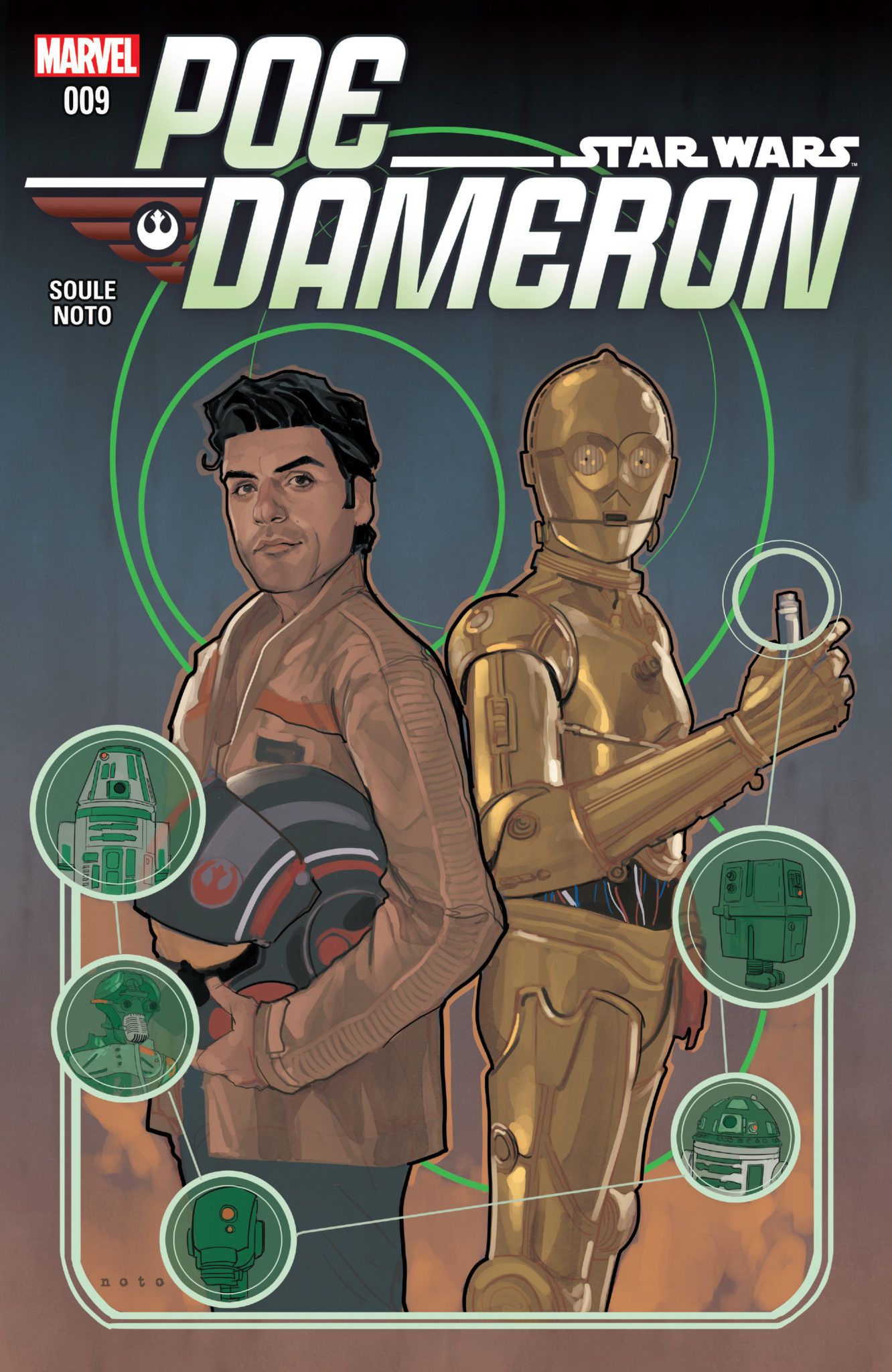 Cover art for Poe Dameron #9 shows Poe Dameon and C-3PO standing back-to-back.