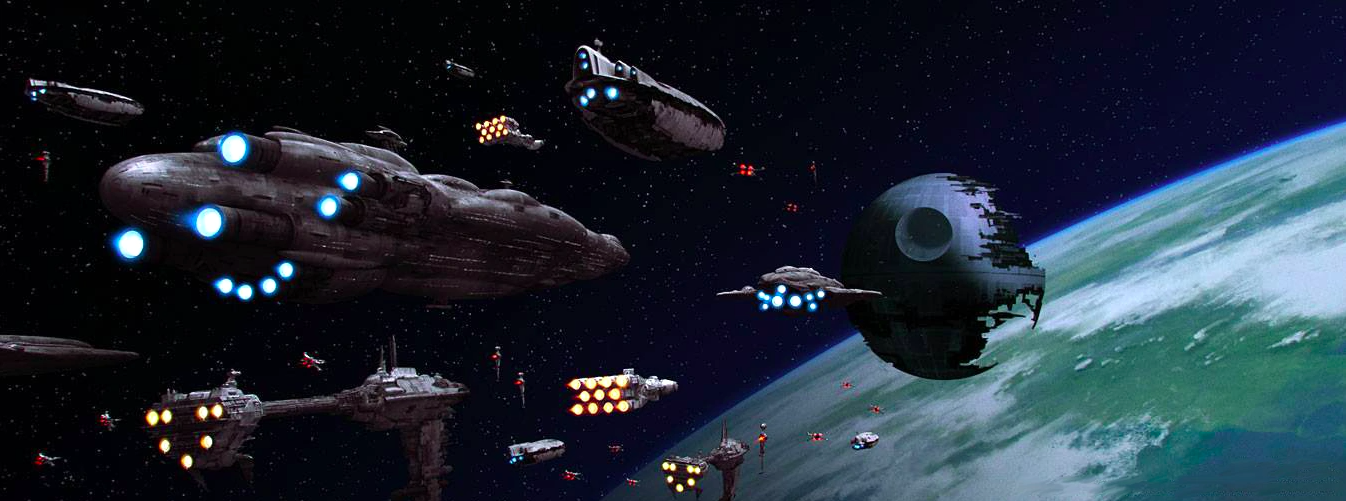 Rebel ships close in on the unfinished Death Star, the forest moon of Endor visible behind it.