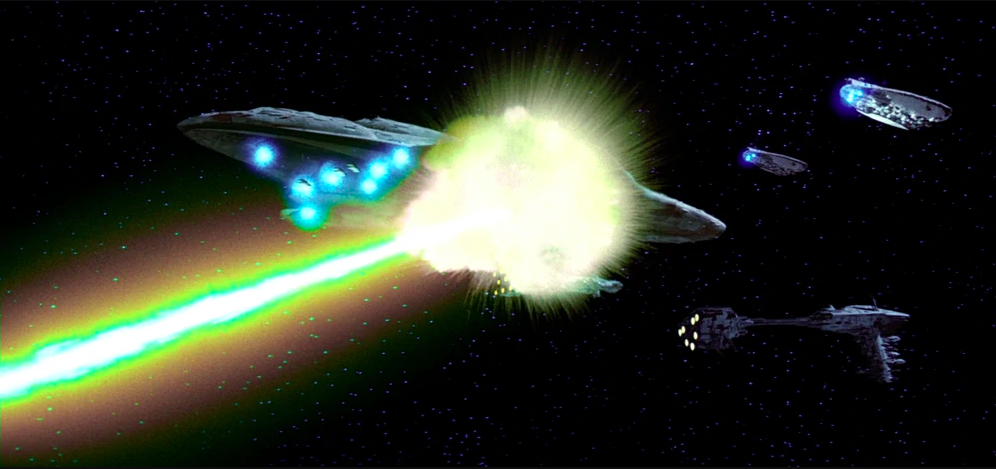 The green/yellow Death Star laser hits one of the Rebel ships, which explodes.