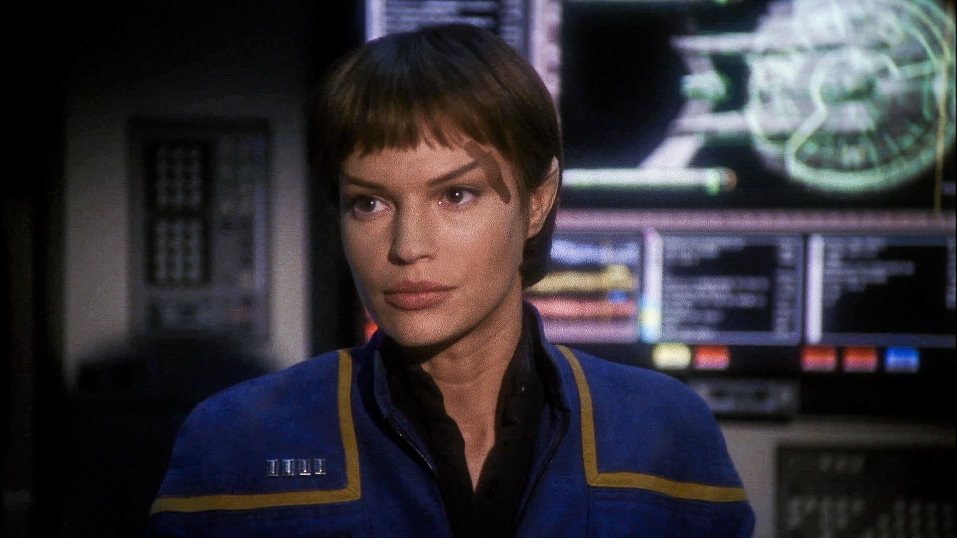 T’Pol (Jolene Blalock) on the bridge of Enterprise in the uniform of captain.