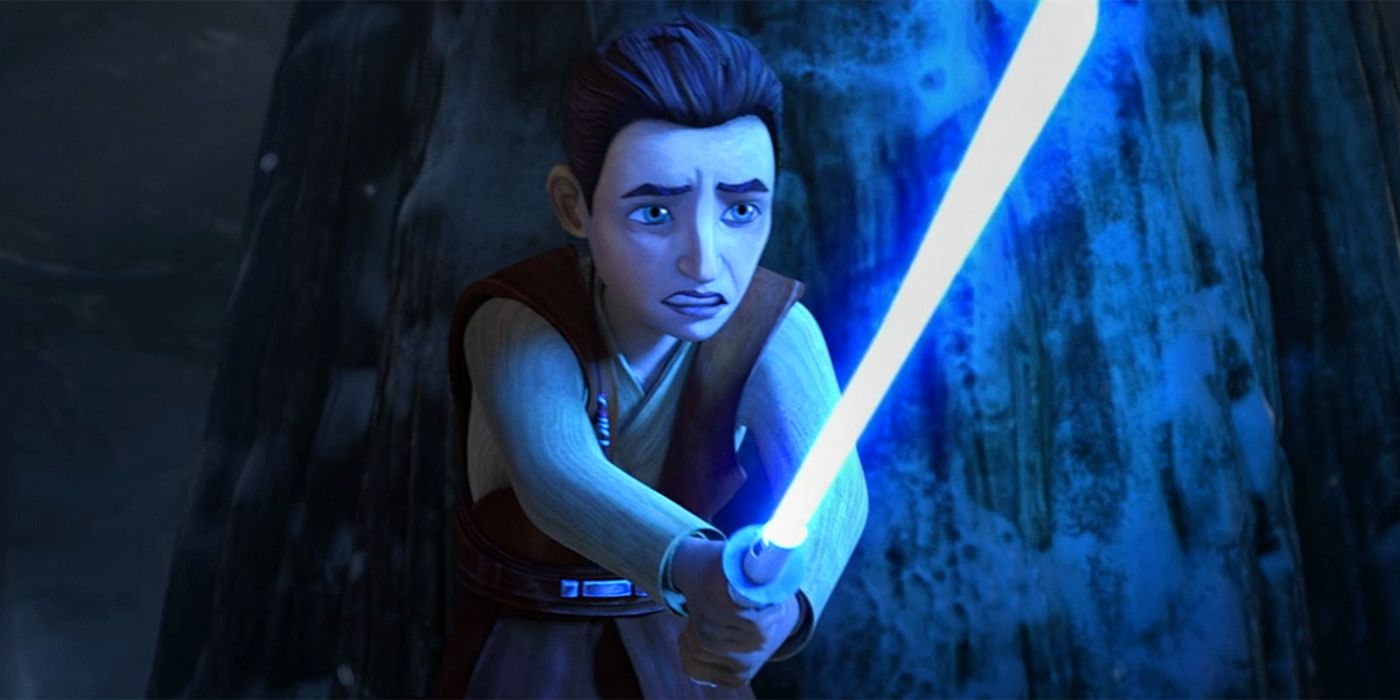 A young Kanan Jarrus looks terrified as he holds up his lightsaber.