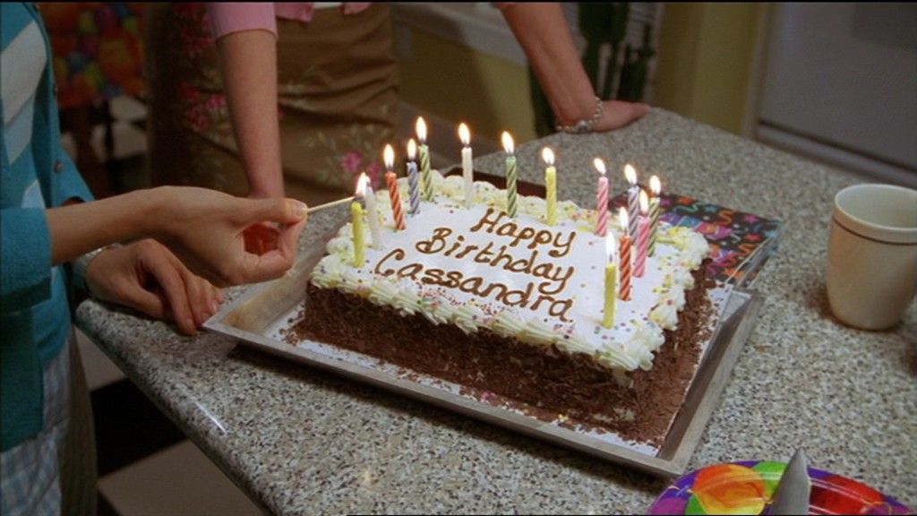 A birthday cake with lit candles.