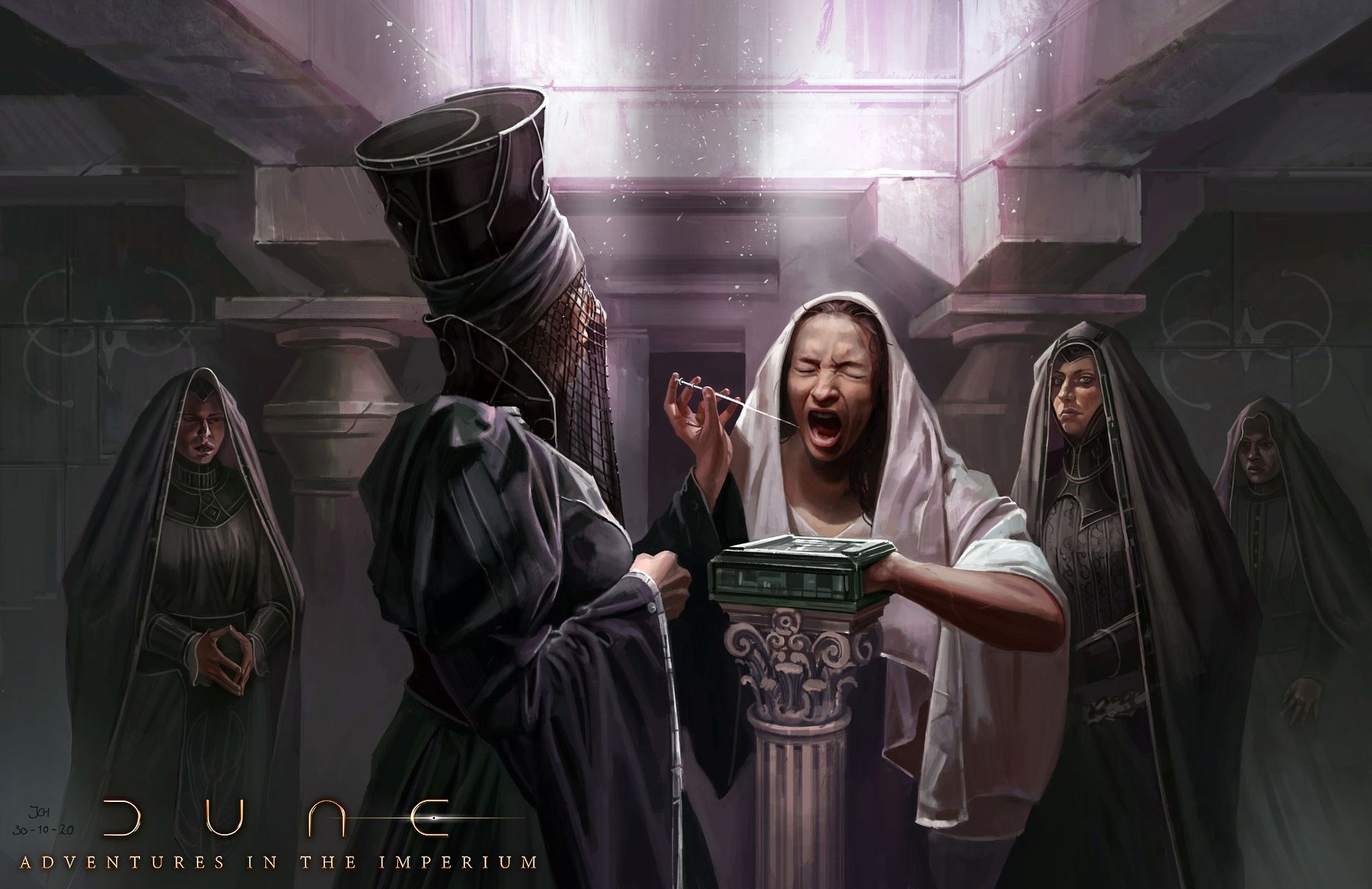 Black-robed Bene Gesserit sisters surround a woman in white who has one hand in a box. A mother of the Bene Gesserit holds a Gom Jabar needle to the woman in white's neck.