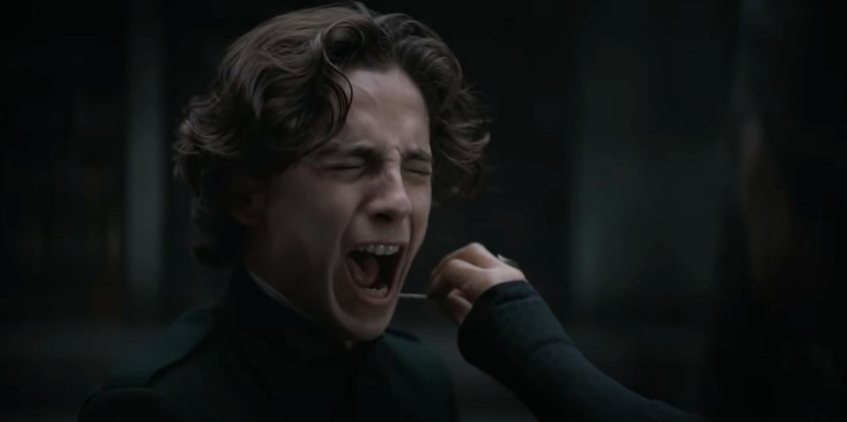 Paul Atreides (Timothée Chalamet) screams as a needle is pushed into his neck.