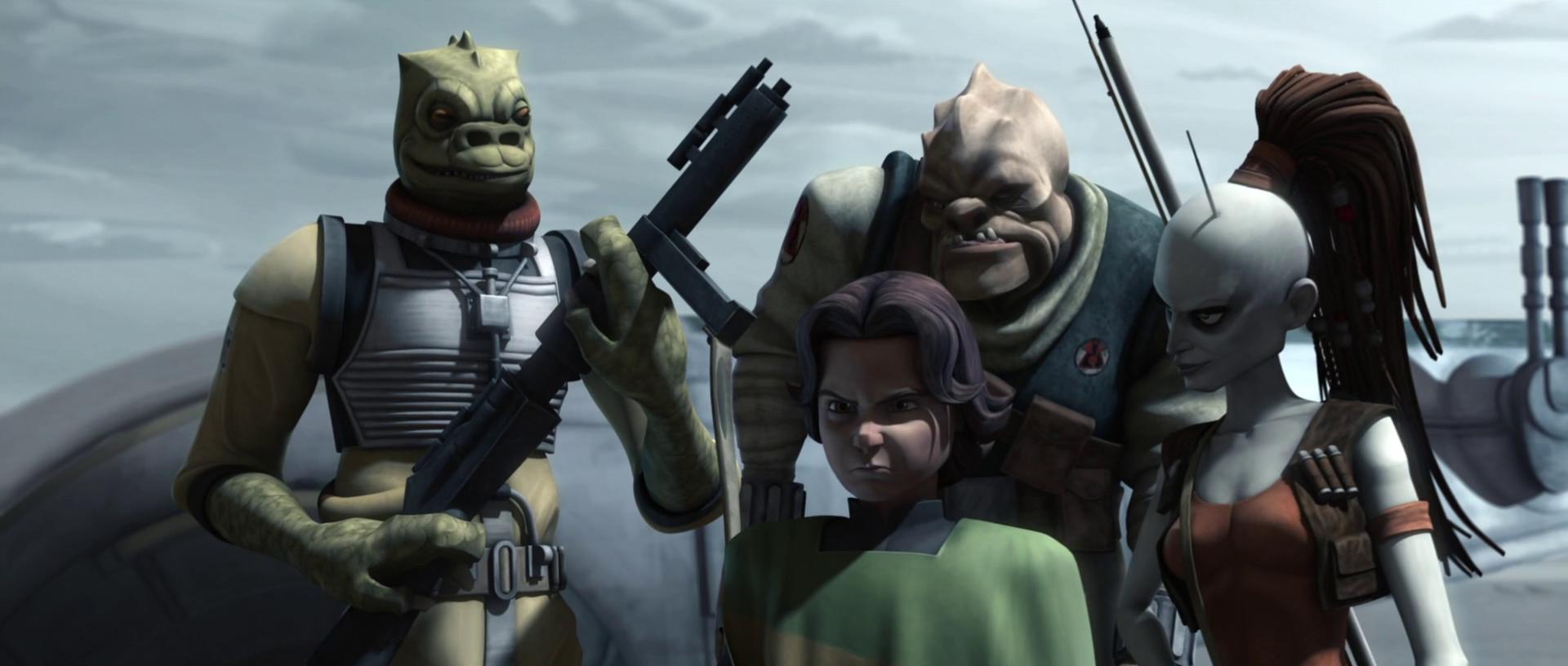 Bossk, Boba Fett, Castas and Aurra Sing, with Slave I in the background.