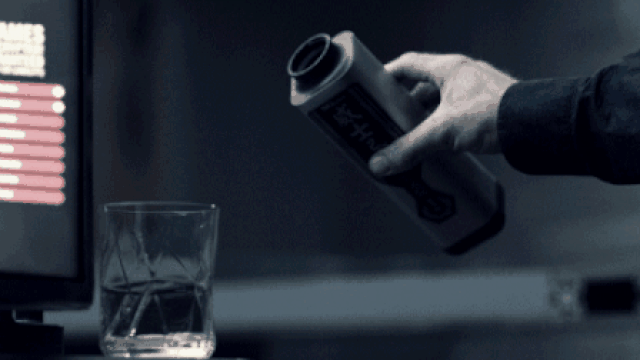 An animated gif of liquid leaving a decanter in a curved spiral.