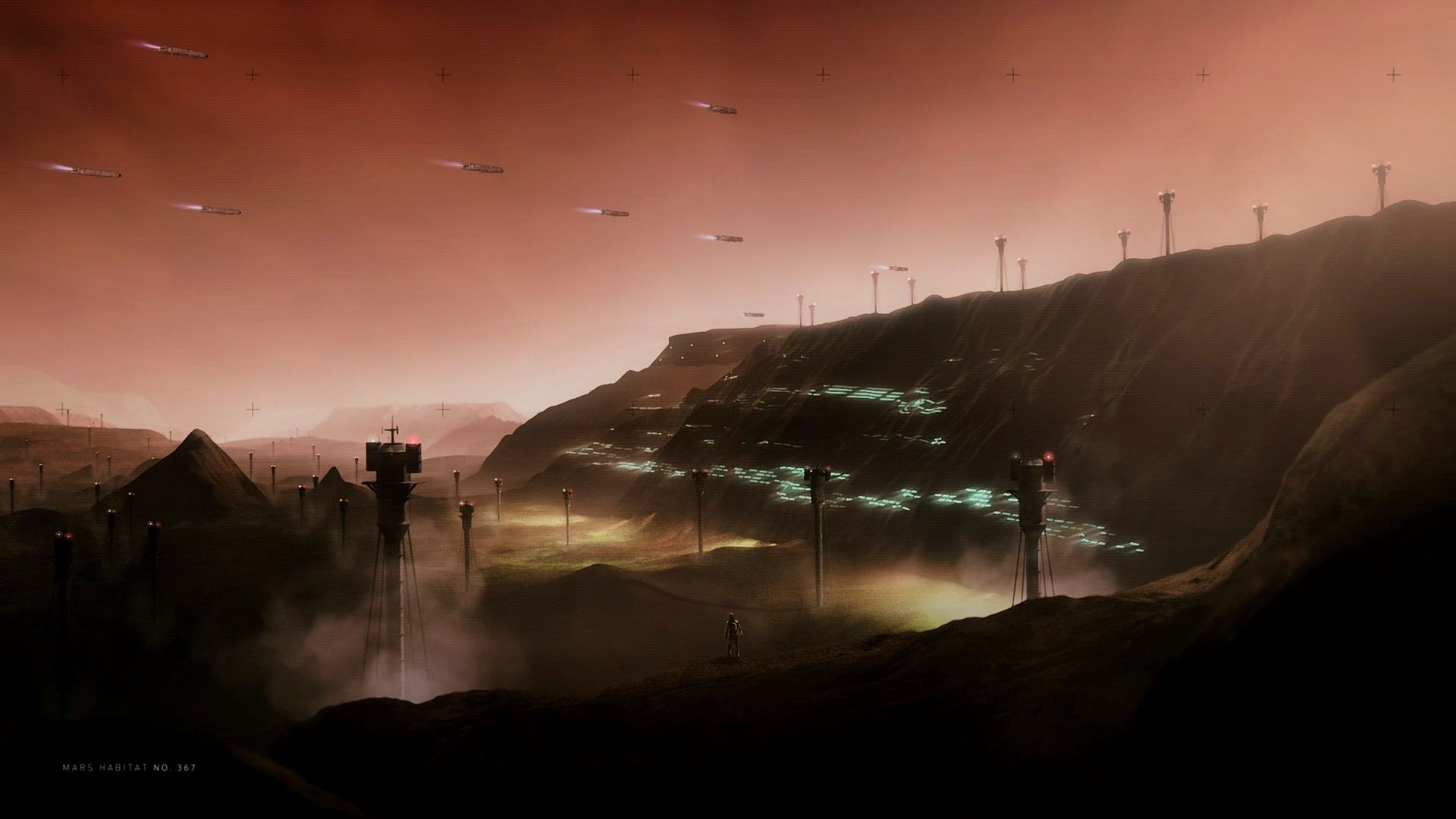 A view over the Martian landscape which is covered in terraforming masts.