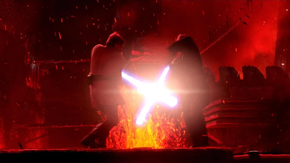 Obi-Wan Kenobi (Ewan McGregor) and Anakin Skywalker (Hayden Christensen) duel with their lightsabers