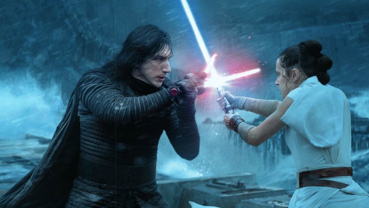 Kylo Ren (Adam Driver) duels with Rey (Daisy Ridley).