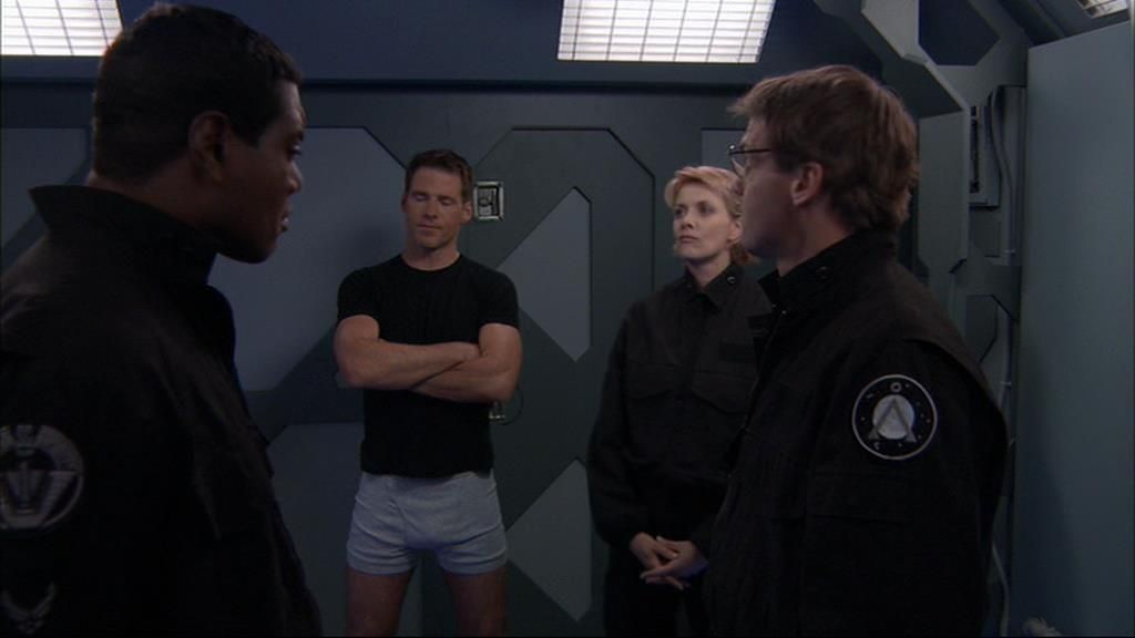 Cameron Mitchell (Ben Browder) in his underwear with Black SG-1.