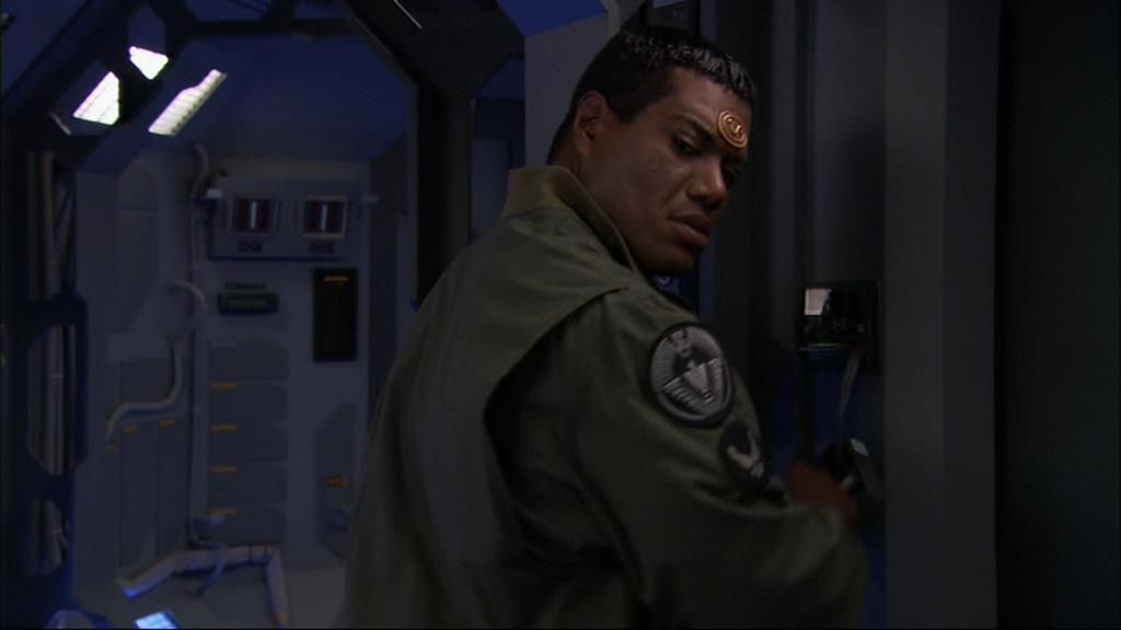 Teal’c (Christopher Judge) in a Prometheus corridor.