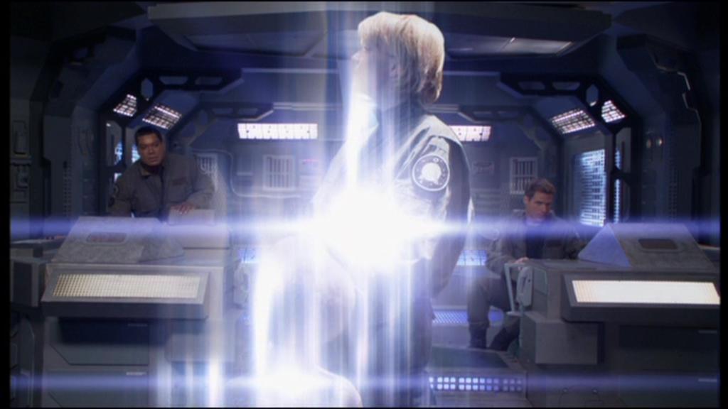 Samantha Carter (Amanda Tapping) beams aboard Prometheus.