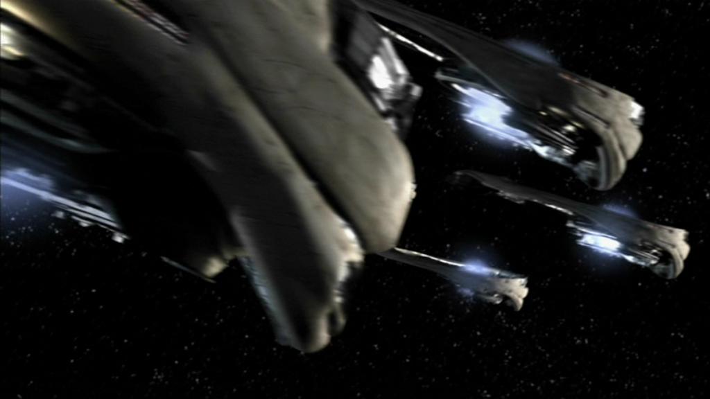 A fleet of Ori warships loom over the Earth at the climax of the Stargate SG-1 episode ‘The Road Not Taken’.