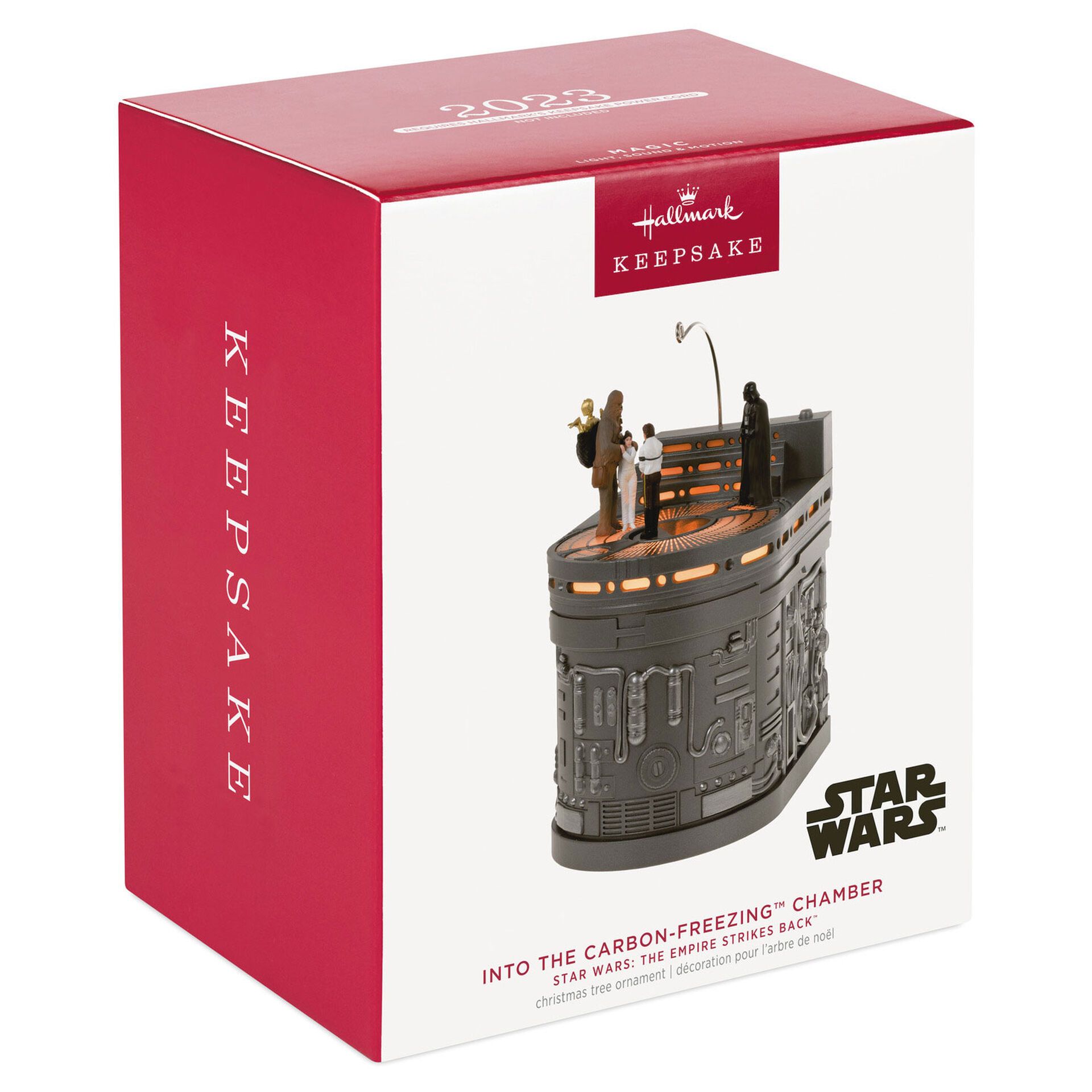 This Christmas tree ornament depicts the emotional scene on Cloud City, which culminates in Han and Leia’s iconic profession of love and Han’s encasement in carbonite