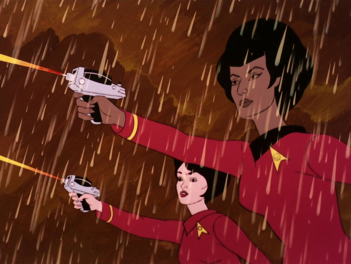 Uhura and another Starfleet Officer fire their phasers through the rain.